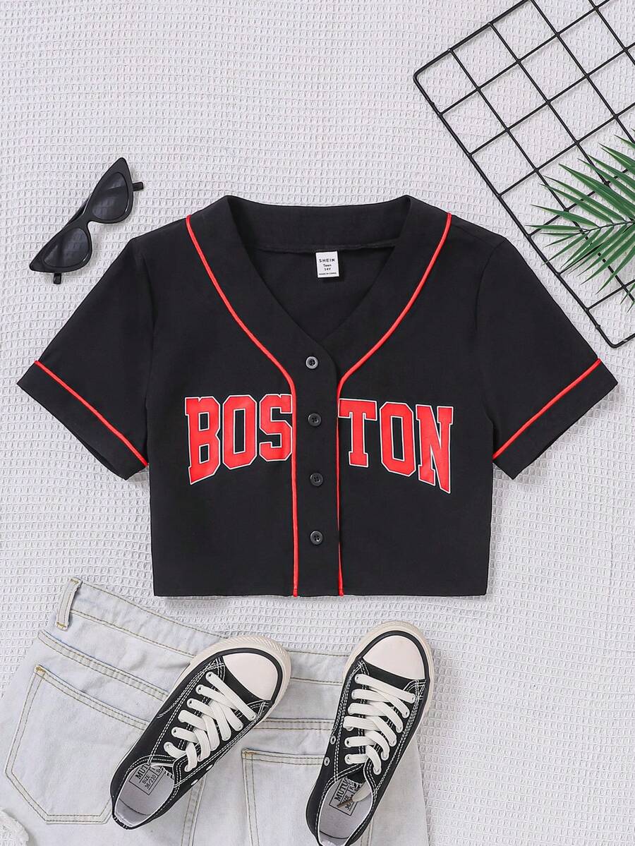 SHEIN 青少女字母印花鈕扣休閒襯衫 - 黑色 - 查看 1