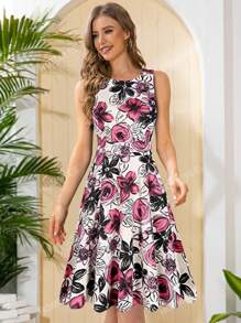 HOMEYEE Women'S Vintage Sleeveless Round Neck Flower Print A-Line Dress, Suitable For Beach Vacation And Work