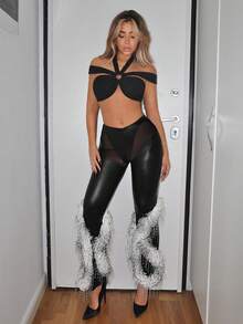 SHEIN ICON 低腰蓬松网布拼接紧身喇叭裤 - 黑色 - 查看 6