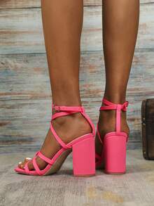 女性性感十足的交叉帶高跟涼鞋,開放式腳趾,腳踝扣環,舒適,適合日常穿著,工作,展現身材,瘦腿 - 玫紅色 - 查看 4