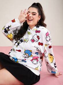HELLO KITTY AND FRIENDS | SHEIN Plus Cartoon Allover Print Drawstring Hoodie - White - View 4