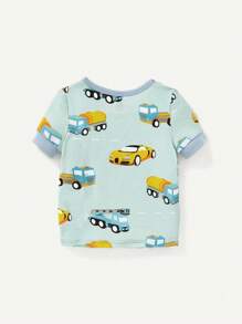 Cozy Pixies 嬰兒男寶寶緊身睡衣，有趣的汽車印花短袖圓領上衣與帶腳褲套裝 - 藍色 - 查看 3