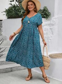 EMERY ROSE Vestido floral con cuello en V, detalles de botones y estampado delicado para mujer de talla grande, primavera y verano