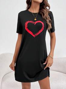 SHEIN LUNE 黑色基本款紅色心形印花女裝連衣裙 - 黑色 - 查看 4