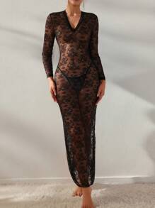Women Black Sheer Long Sleeve V Neck Lace Lingerie Dress - Black - View 5