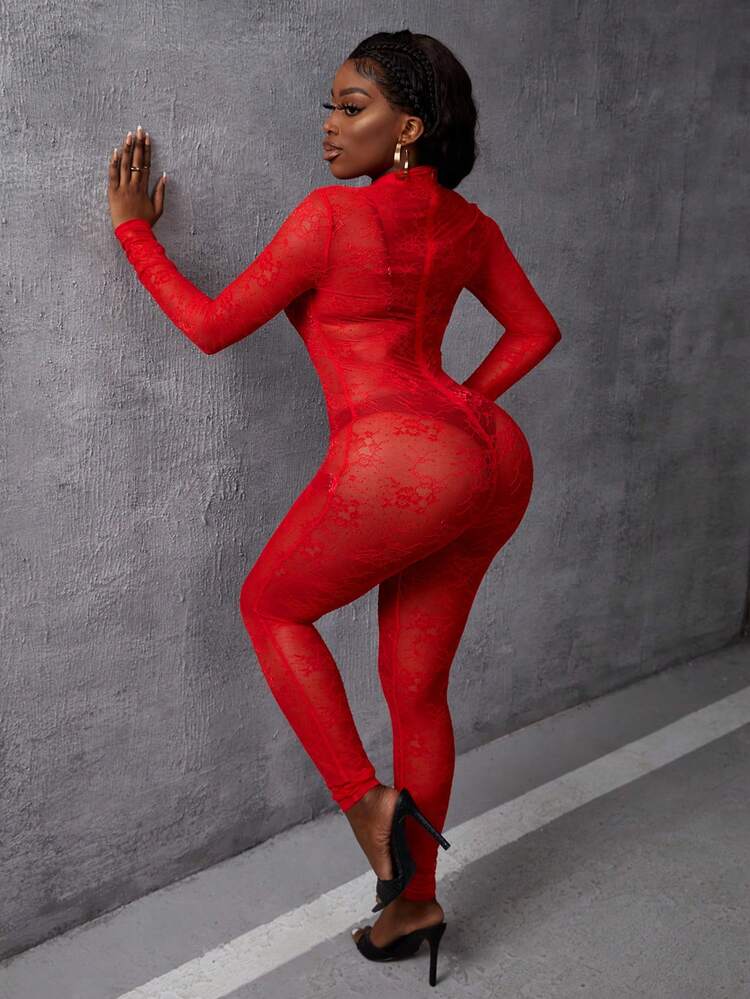 Red Lace Hollow Out Bodycon Bodysuit