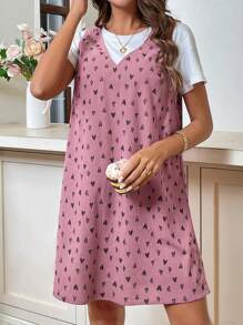 SHEIN LUNE Valentine's Day Heart Print Ladies' Dress - Dusty Pink - View 2
