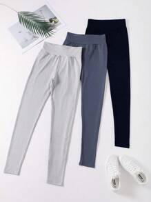 SHEIN Unity Solid Color Stretch Leggings With Wide Waistband - Multicolor - View 1