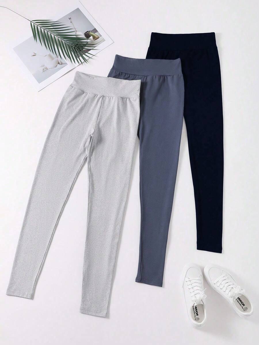 SHEIN Unity Solid Color Stretch Leggings With Wide Waistband - Multicolor - View 1