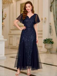 Sequin Lace Sweetheart Neck Ruffle Sleeve Maxi Dress, Suitable For Homecoming, Wedding Guest, Birthday, Formal Occasions, Graduation Ceremony - Navy Blue - View 11
