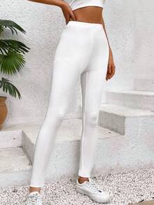 女士純色彈性高腰緊身褲 - 白色 - 查看 4