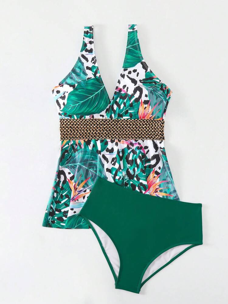 Women'S Tropical Print Spliced Woven Strap Bikini Top Summer