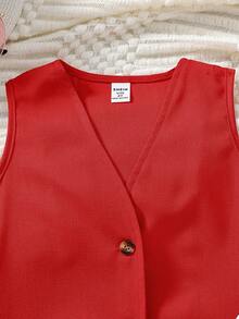 SHEIN 女童新款時尚無袖V領背心裝套裝，包含背心和彈性腰短褲 - 紅色 - 查看 5