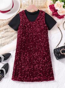 SHEIN Tween Girl Sequin Pinafore And T-Shirt Set - Multicolor - View 1