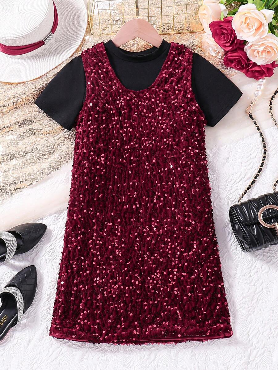 SHEIN Tween Girl Sequin Pinafore And T-Shirt Set - Multicolor - View 1
