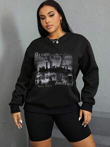 SHEIN EZwear Plus Letter Graphic Drop Shoulder Sweatshirt - Black - View 6