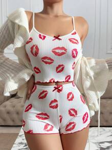 Lip Printed Ruffle Hem Pajama Set White Set