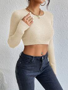 SHEIN Essnce 長袖短版毛衣 - 米色 - 查看 5