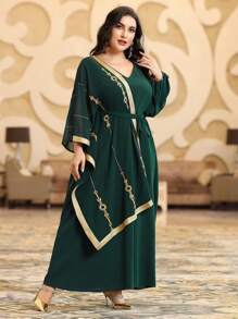 Al Najma Plus Size Flower Embroidery Patchwork Dress Kaftan Jalabiya Dress - Dark Green - View 6