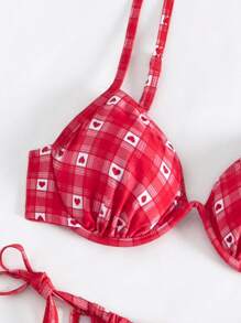 SHEIN Swim 女士可爱心形和格子印花比基尼套装夏季海滩 - 紅色 - 查看 5