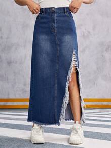 Casual Teenage Girls' Side Slit Denim Skirt With Raw Hem - Blue - View 4