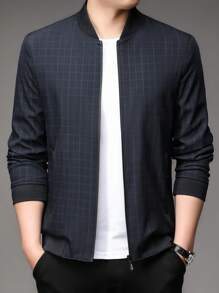 男士格紋拉鍊前襟棒球領夾克衫,印花設計 - 藏蓝色 - 查看 1