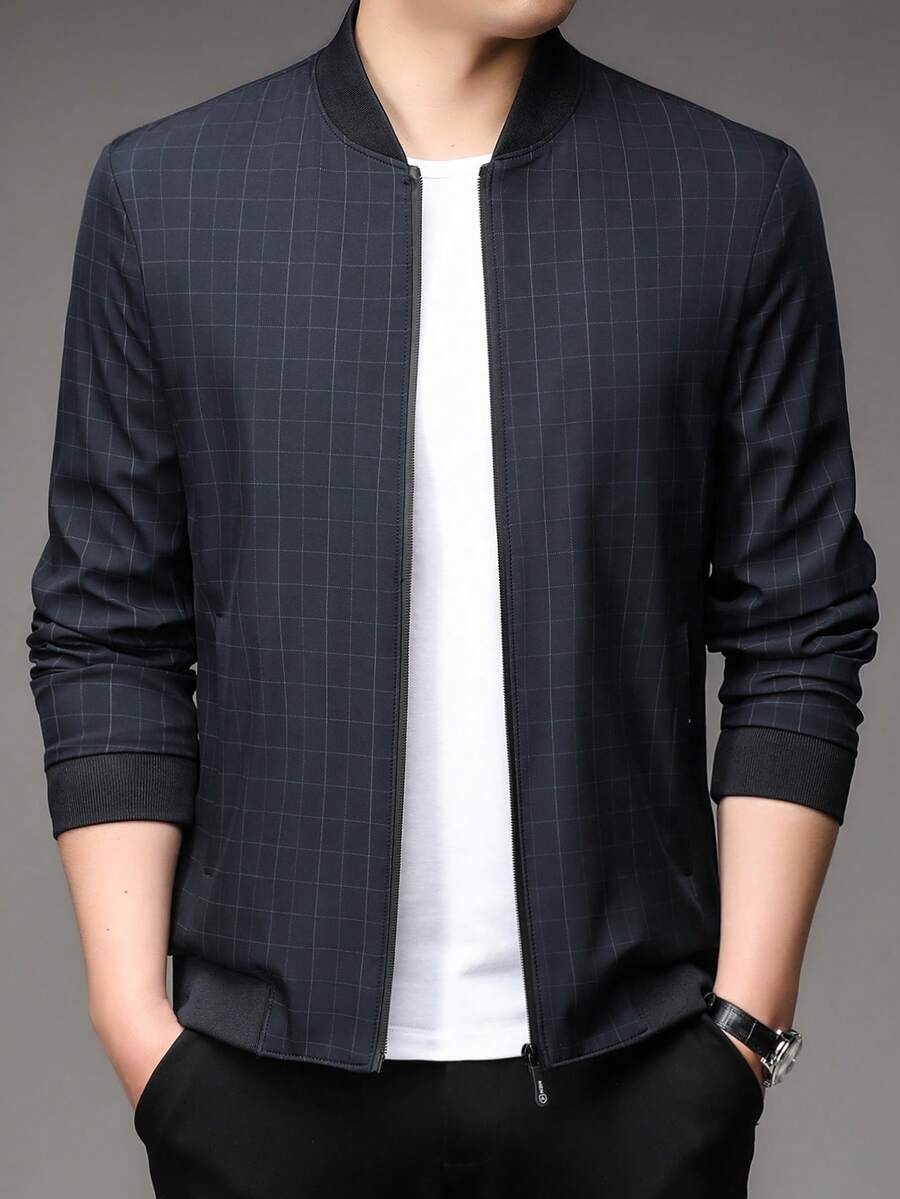 男士格紋拉鍊前襟棒球領夾克衫,印花設計 - 藏蓝色 - 查看 1