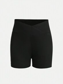 SHEIN Pantalones cortos ajustados con forma asimétrica tejidos como capa base para niñas preadolescentes - Negro - Ver 1