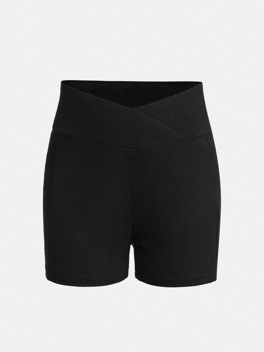 SHEIN Pantalones cortos ajustados con forma asimétrica tejidos como capa base para niñas preadolescentes - Negro - Ver 1