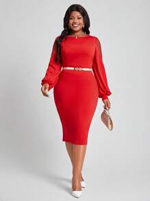 SHEIN Lady Của phụ nữ Kích thước lớn Lưới Vòng cổ Bên Khe Đầm - Đỏ - Xem 1