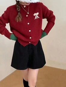 Của phụ nữ Đơn giản Nơ In Áo len Mở Với Nút đơn Khép kín & Dễ thương Chi tiết cung - Đỏ - Xem 3