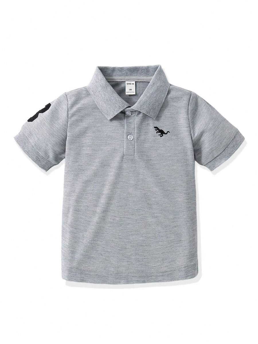 SHEIN Explorewe 男童休闲舒适短袖 Polo 领衬衫,精致恐龙刺绣,搭配纯色短裤和休闲裤,适合日常穿着、上学、旅行、聚会和节日,春夏帅气时尚。 - 灰色 - 查看 1