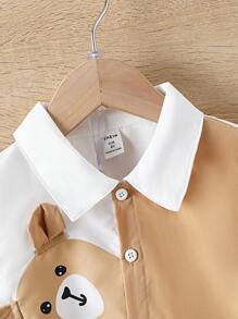 SHEIN 男童可愛學院風拼色短袖上衣套裝,適用於夏季 - 卡其色 - 查看 8