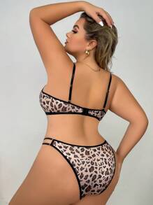Women's Plus Size Leopard Print Hollow Out Bra And Panties Set - Multicolor - View 2