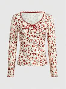 Sweetness 女士復古花卉印花修身 V 領長袖 T 卹 - 彩色 - 查看 1