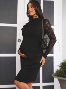 SHEIN Maternity Lace Patchwork Mini Stand Collar Dress - Black - View 1