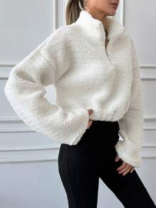 EURMUSE Women'S Solid Color Fleece Half-Zip Sweatshirt With Drop Shoulder - White - View 3