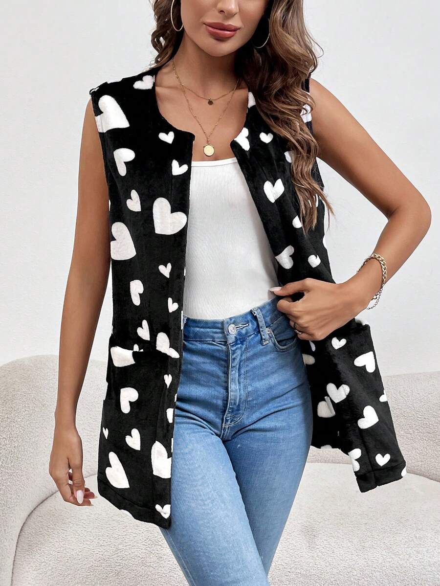SHEIN LUNE 女式愛心印花無袖背心夾克,開放式前襟設計 - 彩色 - 查看 1