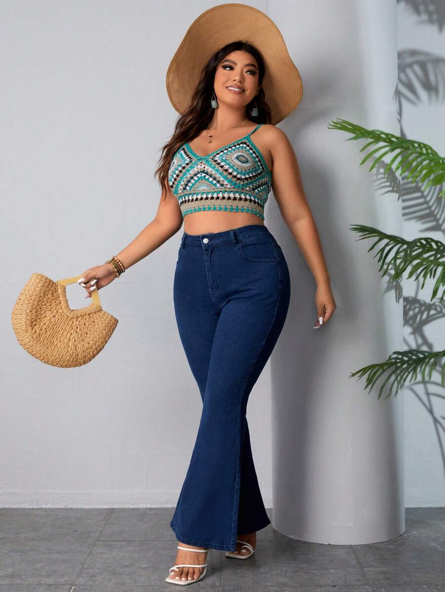 SHEIN EZwear Kích thước lớn Của phụ nữ Quần jean loe - Rửa tối - Xem 1