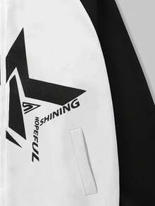 ROMWE MEN Prep Chaqueta De Manga Raglán Para Hombre Con Estampado De Estrellas En Contraste Y Bloque De Color - Blanco y Negro - Ver 5