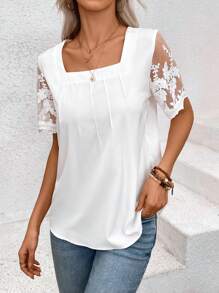 SHEIN LUNE Camisa cuadrada de malla bordada con contraste - Blanco - Ver 4