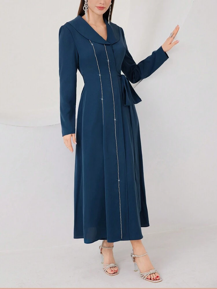 Women's Knotted Waist Long Sleeve Dress Long Evening Dresses