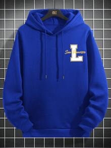 Manfinity Homme 寬鬆男款字母印花抽繩連帽衫 - 藍色 - 查看 2