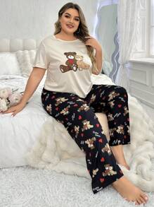 Ensemble de pyjama casual à manches courtes et pantalon imprimé ours pour femmes grande taille - Multicolore - Voir 4