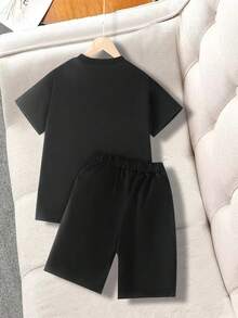 SHEIN Tween Boys' Letter Printed Casual Short Sleeve T-Shirt And Shorts Set - Black - View 2