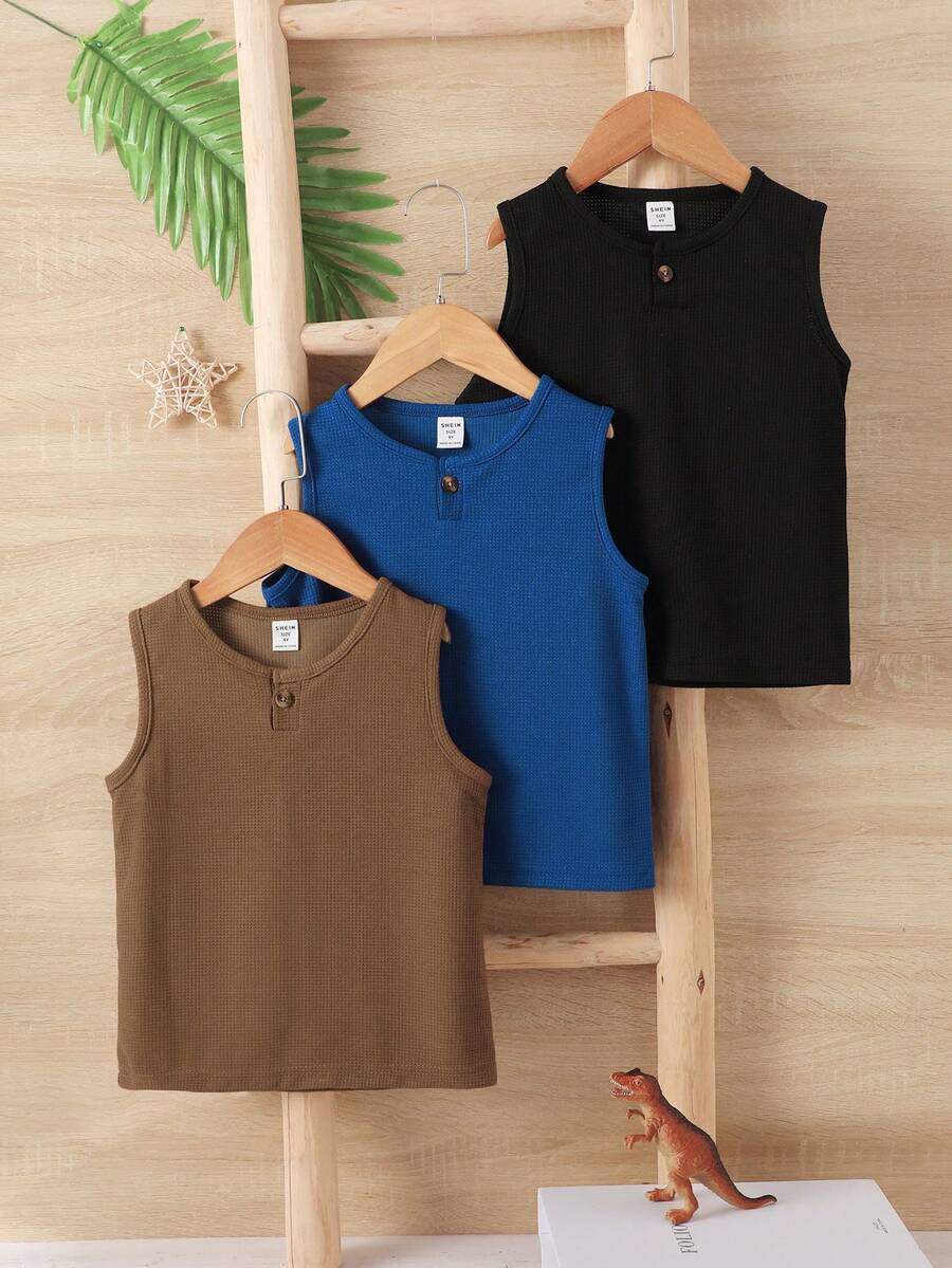 SHEIN 年輕男孩3入組格紋釦細節背心，夏日休閒服 - 彩色 - 查看 1