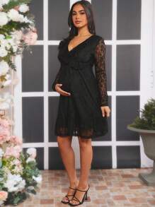 SHEIN Maternity V-Neck Lace Dress With Ruffle Trim - Black - View 5