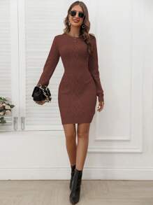 EMERY ROSE Women's Round Neck Long Sleeve Knitted Sweater Dress Fall Winter Cloth For Women - Rust Brown - View 4