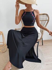 Breezaya Của phụ nữ Thực vật Thêu Dây Áo vest Và Váy Bộ - màu đen - Xem 3