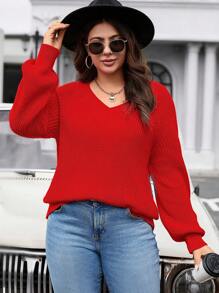 Calvaya 加大尺寸純色倒角袖毛衣套頭 - 紅色 - 查看 4